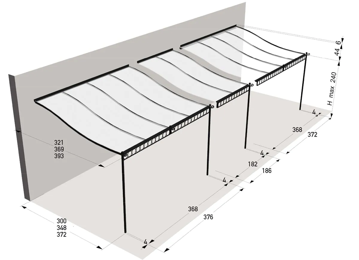 Estensione doppia pergola Tibisco addossata copertura in policarbonato 372 cm