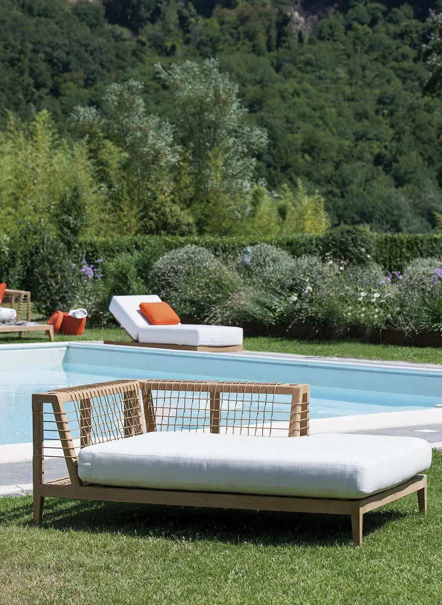 Left chaise-longue module Synthesis in teak and Waprolace