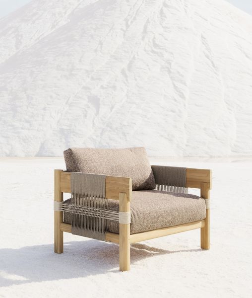Poltrona Cora in teak e corda con cuscini