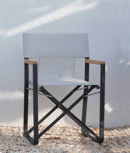 Petit fauteuil Pevero en aluminium graphite et toile blanc chanvre 