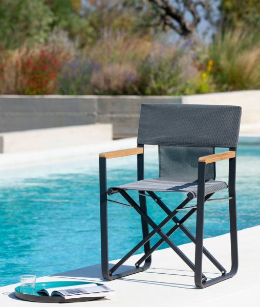 Petit fauteuil Pevero en aluminium graphite et toile marron